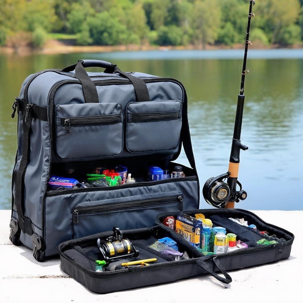 Carp fishing carryall with internal dividers and organized tackle compartments on riverbank
