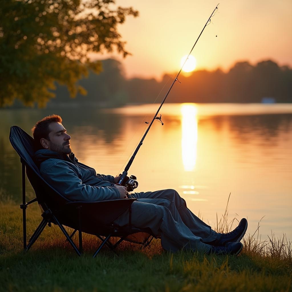Angler sleeping on bedchair at sunrise lakeside